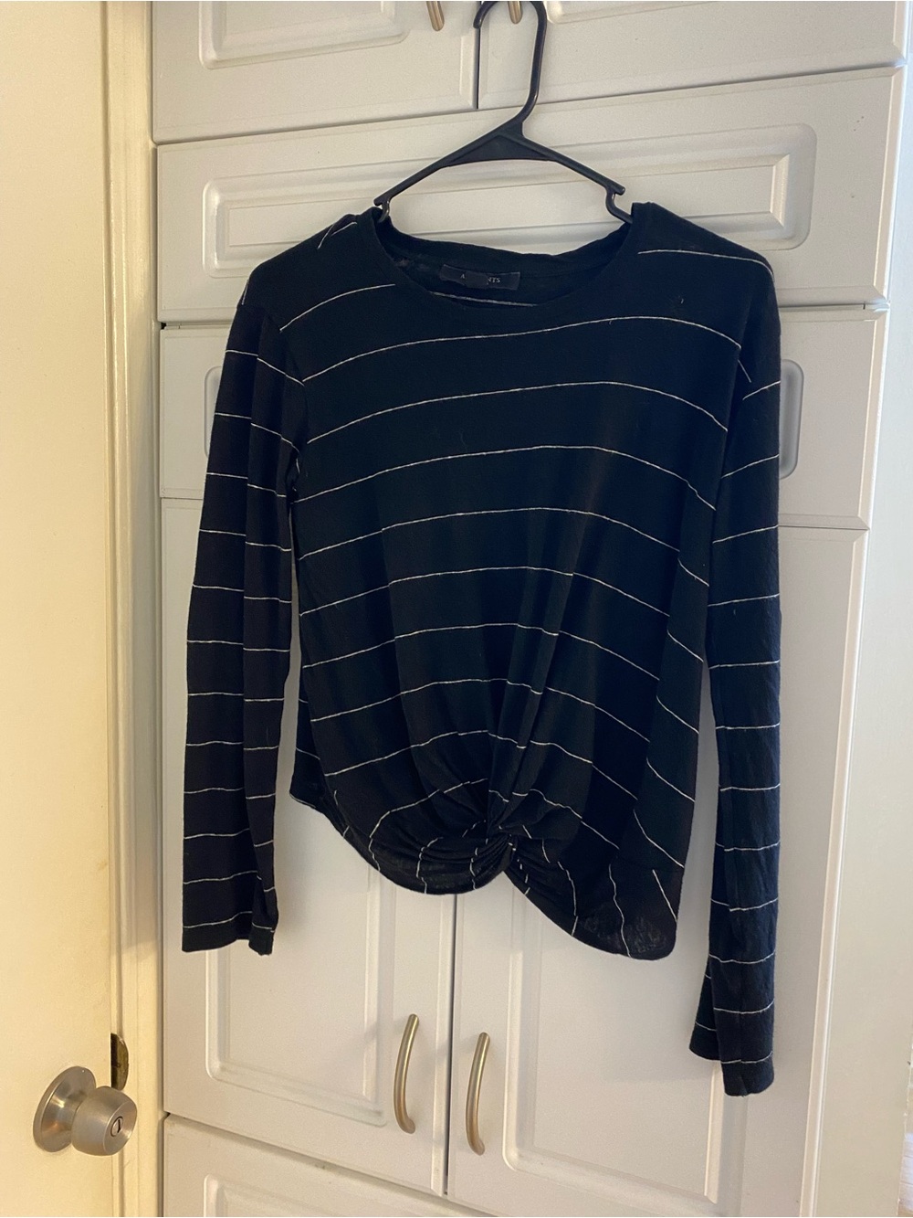 All Saints Black & White Striped Long-Sleeve Twist Hem Top